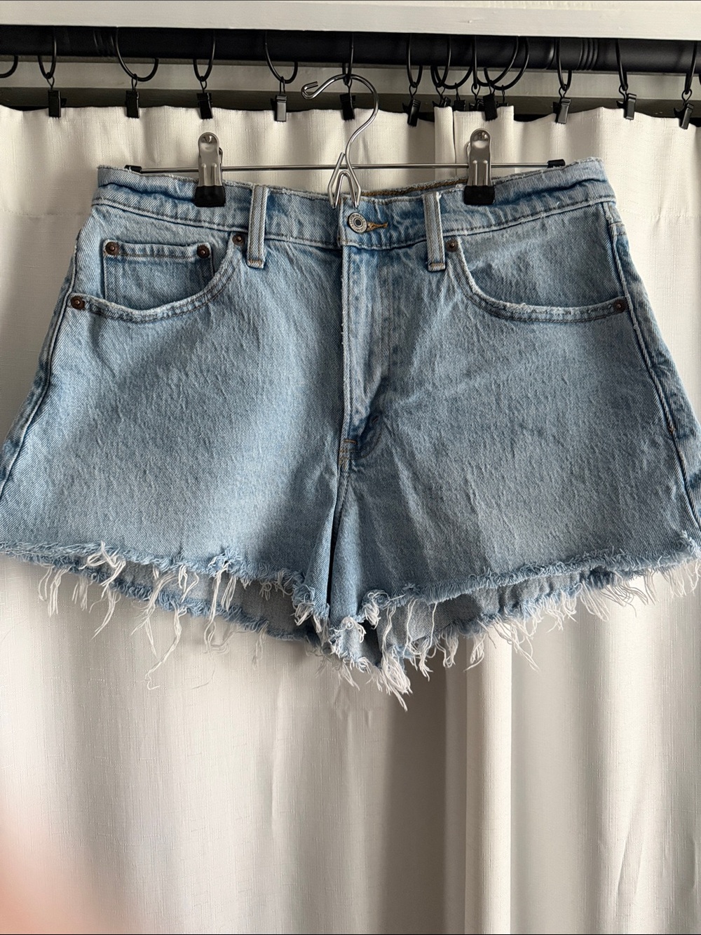 Abercrombie & Fitch 90’s Cutoff High Rise Light Blue Distressed Denim Shorts